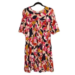 LONDON TIMES Tan Pink Blue Floral Multi Print Short Sleeve Stretchy Dress L